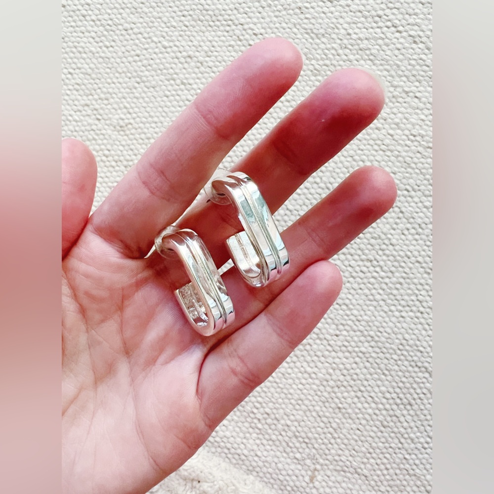 MANGO Silver Ribbed Fluted Hoop Earrings Statement